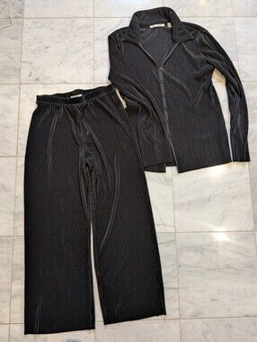 Black Ribbed Button-Up Top and Wide Leg Pants Set
